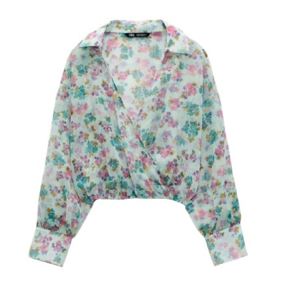 Zara Mint Green Floral Print Faux Wrap Cropped Blouse -